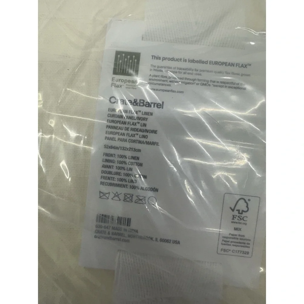 NEW Crate & Barrel European Flax Ivory Curtain Panel‎ 52x84